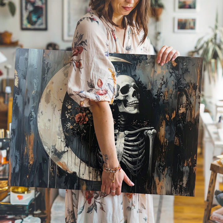 Skeleton & Crescent Moon Canvas – Surreal Symbolic Death Dreamscape Art - Gifitto