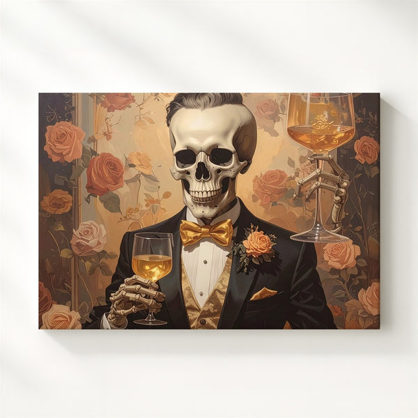 Elegant Skeleton Toast Canvas – Halloween Glam with Gold & Tux Style - Gifitto