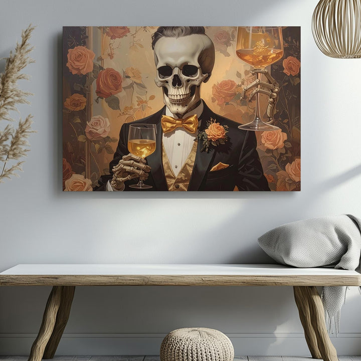 Elegant Skeleton Toast Canvas – Halloween Glam with Gold & Tux Style - Gifitto