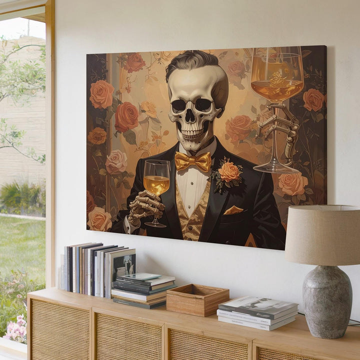 Elegant Skeleton Toast Canvas – Halloween Glam with Gold & Tux Style - Gifitto