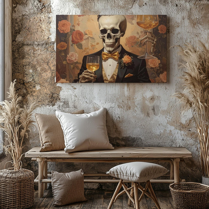 Elegant Skeleton Toast Canvas – Halloween Glam with Gold & Tux Style - Gifitto