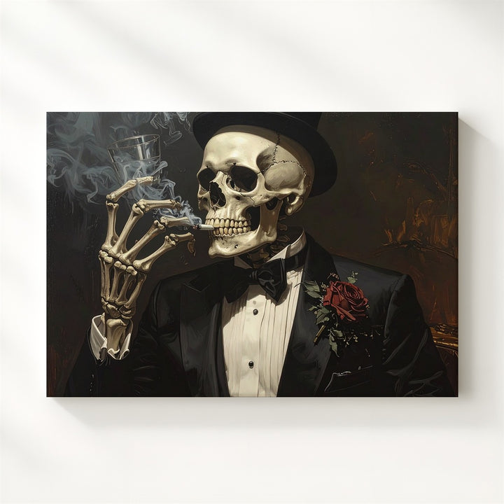 Noir Skeleton in Tuxedo Canvas – Dapper Halloween Dark Glamour Art - Gifitto