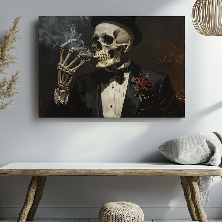 Noir Skeleton in Tuxedo Canvas – Dapper Halloween Dark Glamour Art - Gifitto