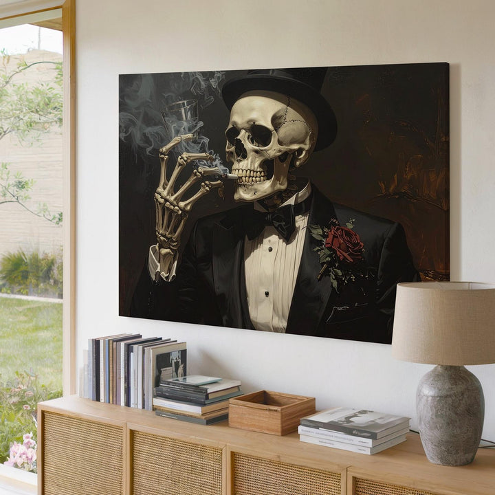 Noir Skeleton in Tuxedo Canvas – Dapper Halloween Dark Glamour Art - Gifitto
