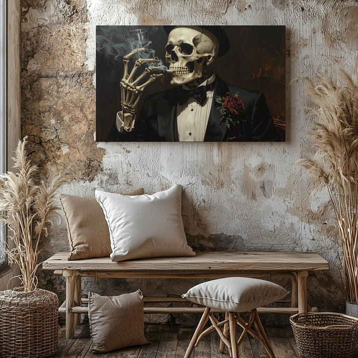 Noir Skeleton in Tuxedo Canvas – Dapper Halloween Dark Glamour Art - Gifitto