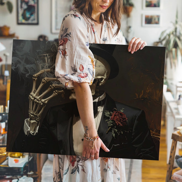 Noir Skeleton in Tuxedo Canvas – Dapper Halloween Dark Glamour Art - Gifitto