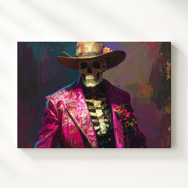 Ghost Rider Glam Canvas – Día de Muertos Cowboy Skeleton in Magenta Suit - Gifitto