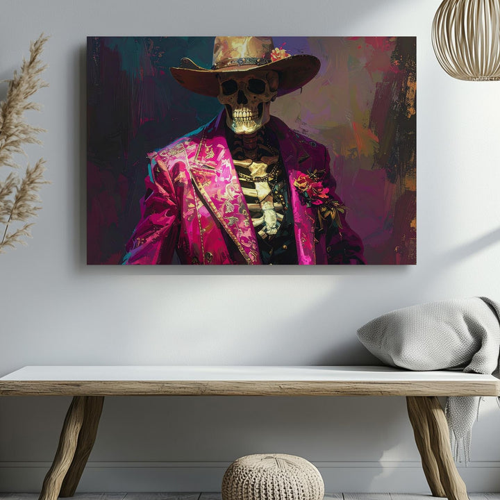 Ghost Rider Glam Canvas – Día de Muertos Cowboy Skeleton in Magenta Suit - Gifitto