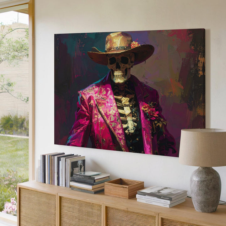 Ghost Rider Glam Canvas – Día de Muertos Cowboy Skeleton in Magenta Suit - Gifitto