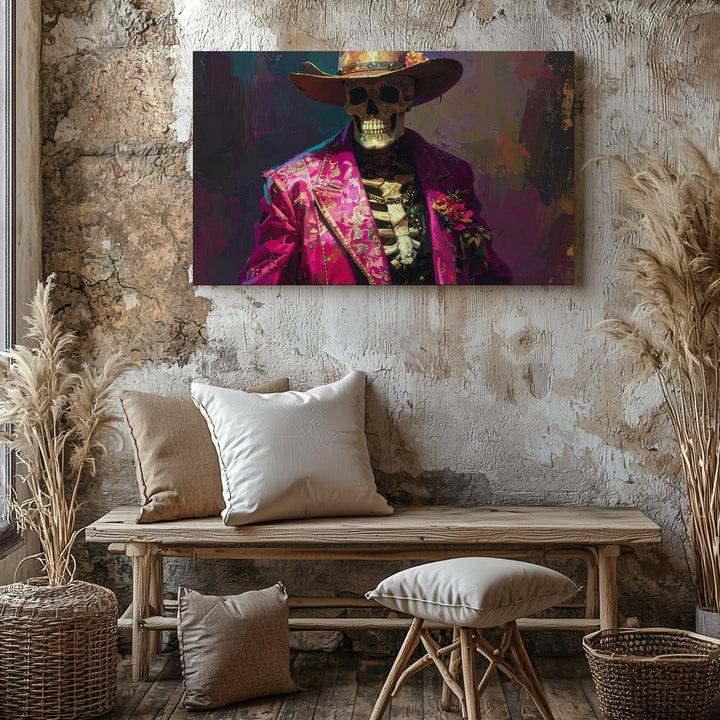 Ghost Rider Glam Canvas – Día de Muertos Cowboy Skeleton in Magenta Suit - Gifitto