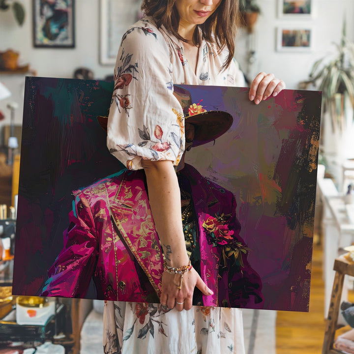 Ghost Rider Glam Canvas – Día de Muertos Cowboy Skeleton in Magenta Suit - Gifitto