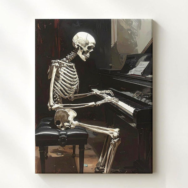 Skeleton at Piano Canvas – Gothic Monochrome Halloween Wall Art - Gifitto