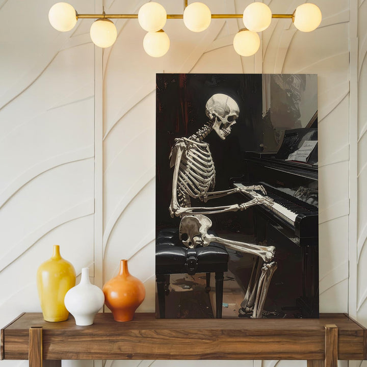 Skeleton at Piano Canvas – Gothic Monochrome Halloween Wall Art - Gifitto
