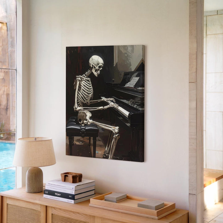 Skeleton at Piano Canvas – Gothic Monochrome Halloween Wall Art - Gifitto