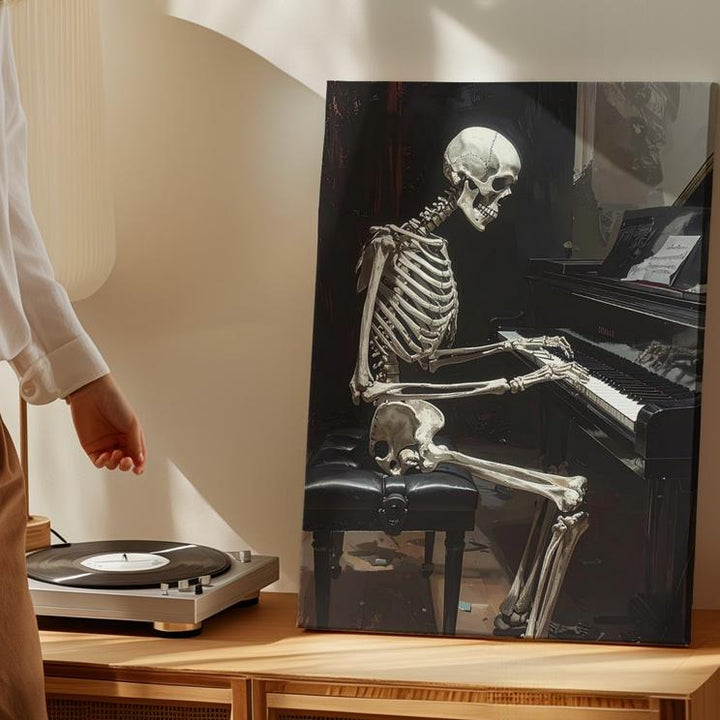 Skeleton at Piano Canvas – Gothic Monochrome Halloween Wall Art - Gifitto