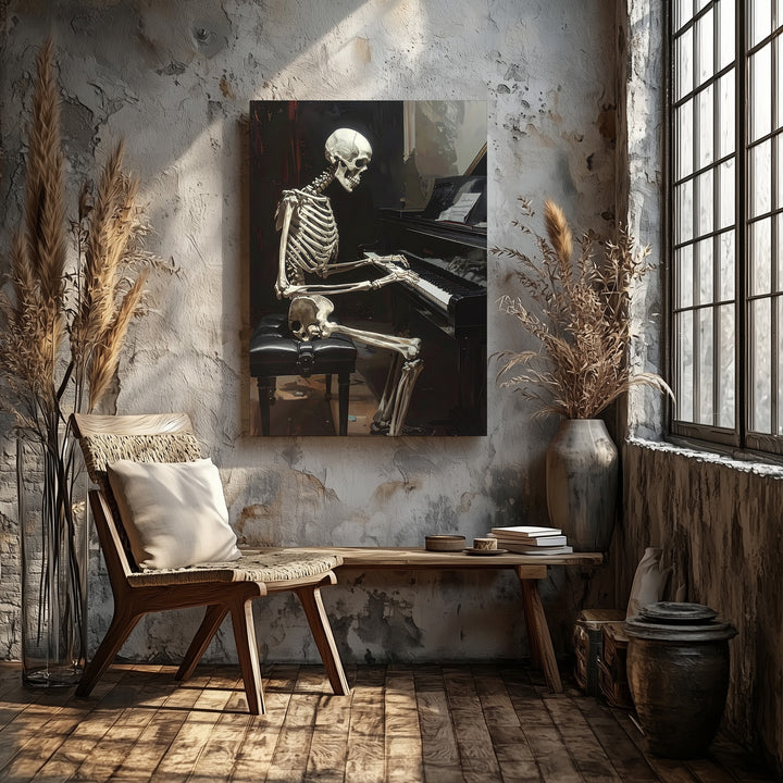 Skeleton at Piano Canvas – Gothic Monochrome Halloween Wall Art - Gifitto