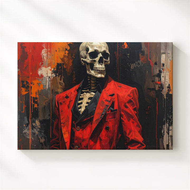 Cracked Skull Skeleton in Red Suit Canvas – Gothic Horror Punk Halloween Art - Gifitto