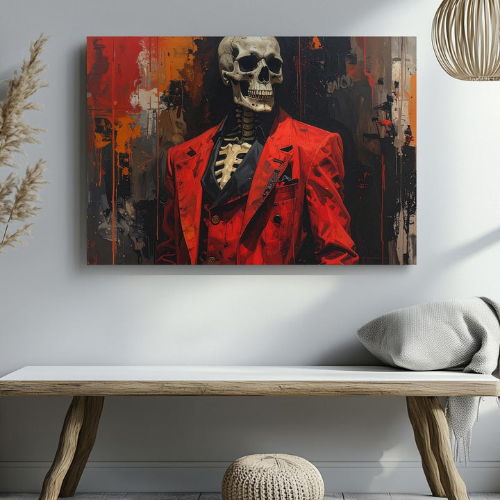 Cracked Skull Skeleton in Red Suit Canvas – Gothic Horror Punk Halloween Art - Gifitto