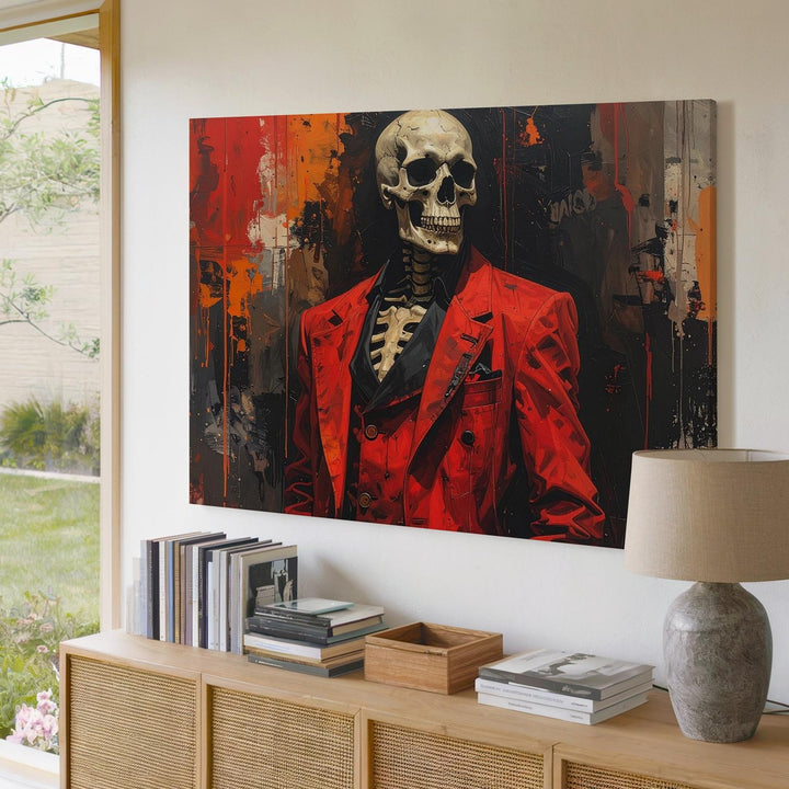 Cracked Skull Skeleton in Red Suit Canvas – Gothic Horror Punk Halloween Art - Gifitto