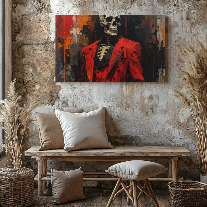 Cracked Skull Skeleton in Red Suit Canvas – Gothic Horror Punk Halloween Art - Gifitto