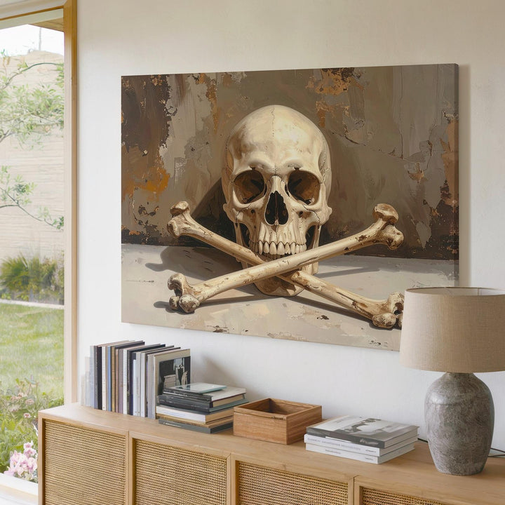 Cursed Relic Skull Canvas – Warm-Toned Crossbones Wall Art with Cinematic Mystery - Gifitto