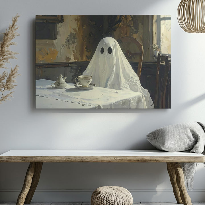 Tea with No One Canvas – Melancholic Ghost in Vintage Dining Room Wall Art - Gifitto