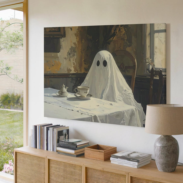 Tea with No One Canvas – Melancholic Ghost in Vintage Dining Room Wall Art - Gifitto