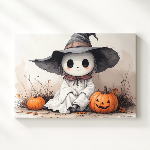 Tiny Ghost Witch Canvas – Gentle Halloween Storybook Character Art - Gifitto