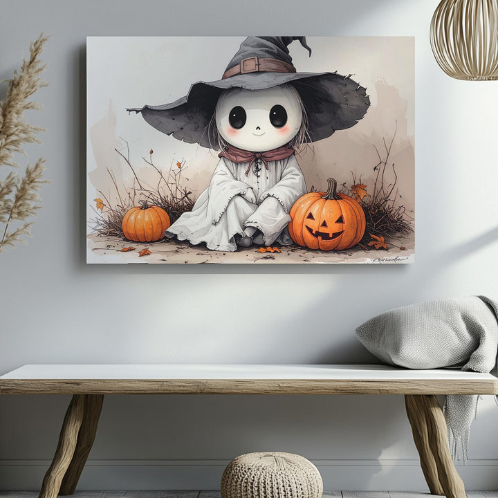 Tiny Ghost Witch Canvas – Gentle Halloween Storybook Character Art - Gifitto
