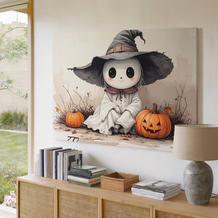 Tiny Ghost Witch Canvas – Gentle Halloween Storybook Character Art - Gifitto