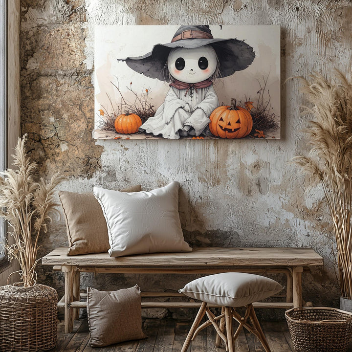 Tiny Ghost Witch Canvas – Gentle Halloween Storybook Character Art - Gifitto