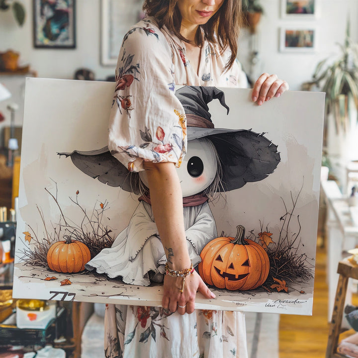 Tiny Ghost Witch Canvas – Gentle Halloween Storybook Character Art - Gifitto