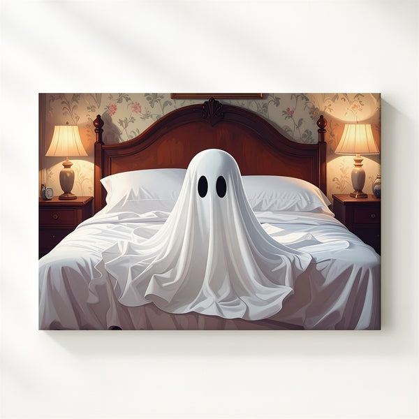 Ghost on the Bed Canvas – Whimsical Vintage Halloween Bedroom Art - Gifitto