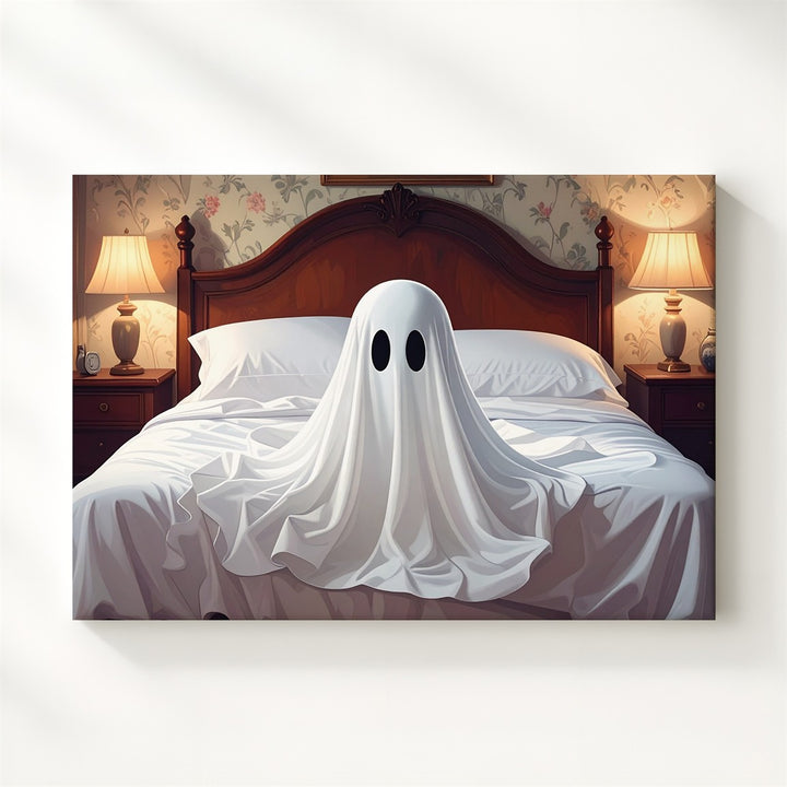 Ghost on the Bed Canvas – Whimsical Vintage Halloween Bedroom Art - Gifitto