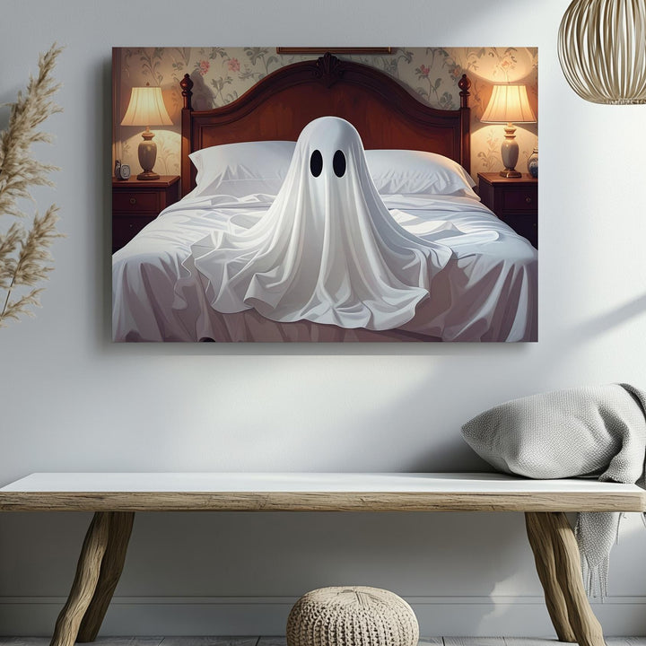 Ghost on the Bed Canvas – Whimsical Vintage Halloween Bedroom Art - Gifitto