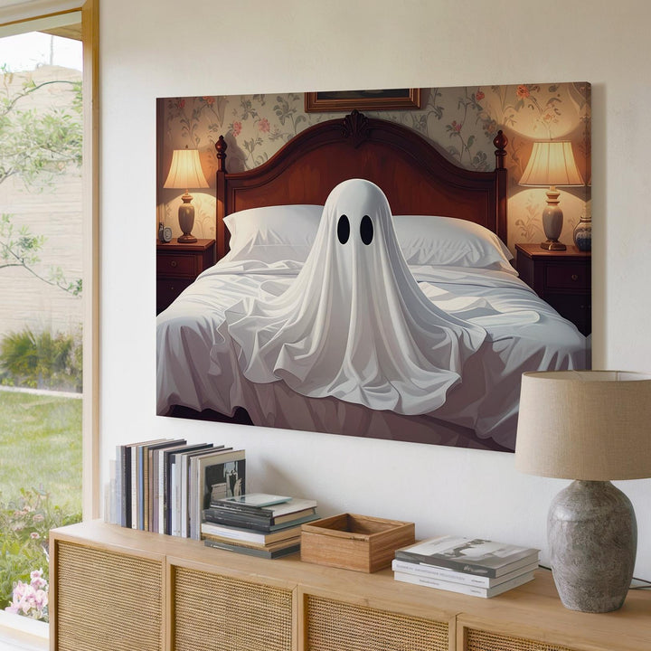 Ghost on the Bed Canvas – Whimsical Vintage Halloween Bedroom Art - Gifitto