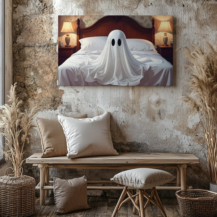 Ghost on the Bed Canvas – Whimsical Vintage Halloween Bedroom Art - Gifitto