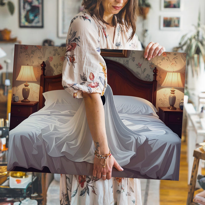 Ghost on the Bed Canvas – Whimsical Vintage Halloween Bedroom Art - Gifitto