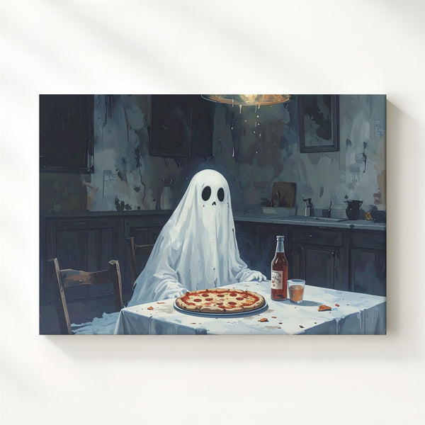 Ghost & Pizza Canvas – Melancholy Halloween Kitchen Scene Wall Art - Gifitto