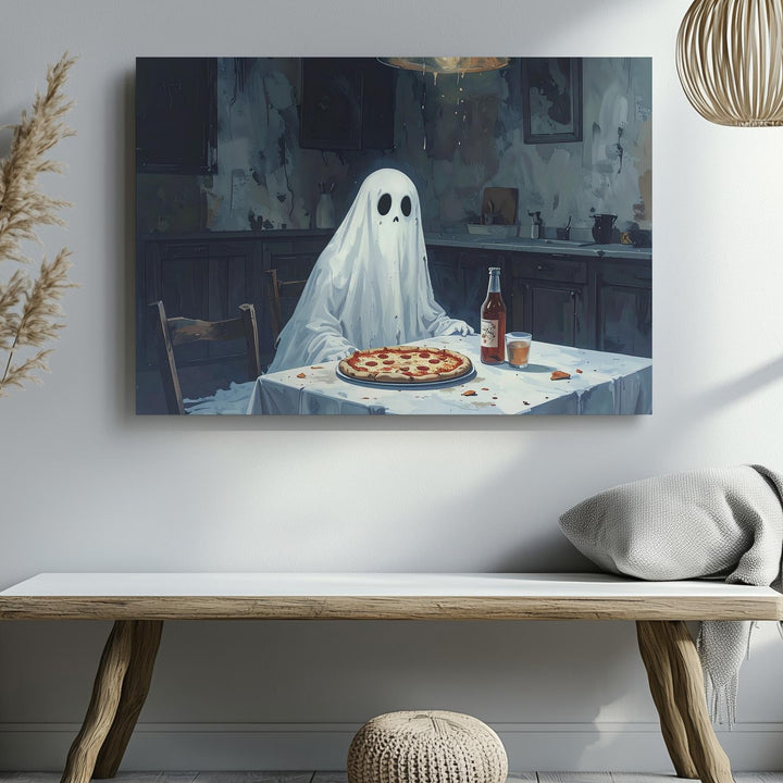 Ghost & Pizza Canvas – Melancholy Halloween Kitchen Scene Wall Art - Gifitto