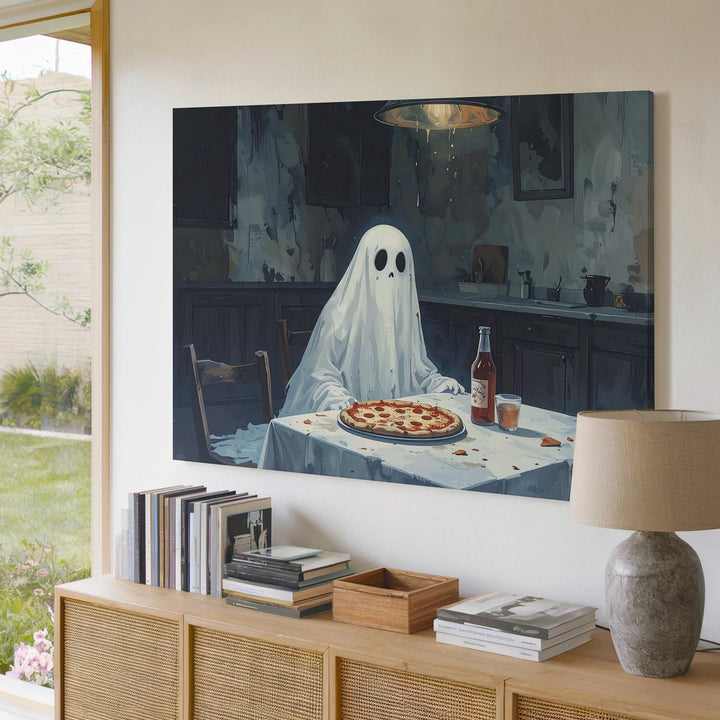 Ghost & Pizza Canvas – Melancholy Halloween Kitchen Scene Wall Art - Gifitto