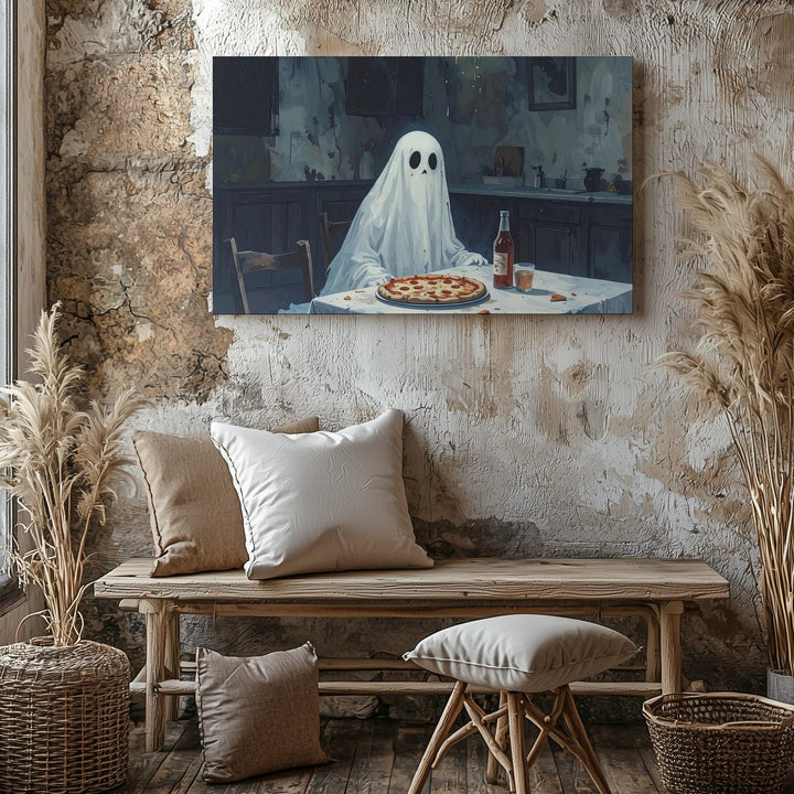Ghost & Pizza Canvas – Melancholy Halloween Kitchen Scene Wall Art - Gifitto