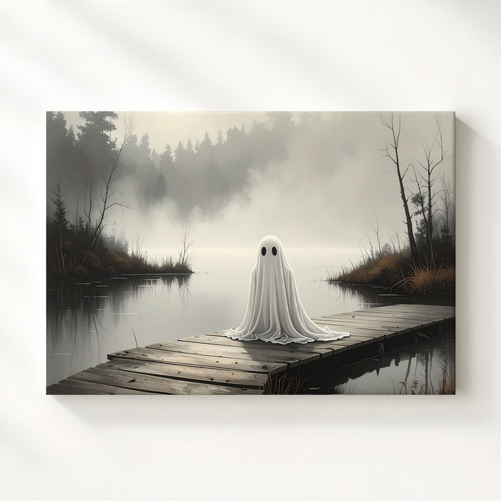 Dockside Ghost Canvas – Melancholic Spirit by the Lake in Foggy Forest - Gifitto