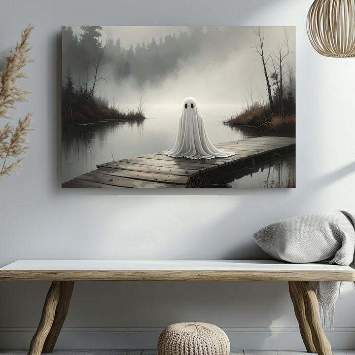 Dockside Ghost Canvas – Melancholic Spirit by the Lake in Foggy Forest - Gifitto