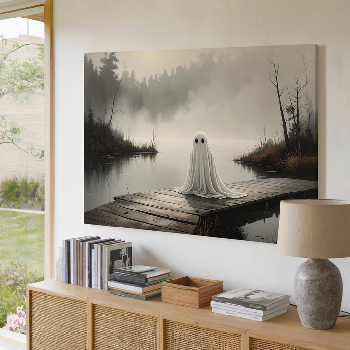 Dockside Ghost Canvas – Melancholic Spirit by the Lake in Foggy Forest - Gifitto