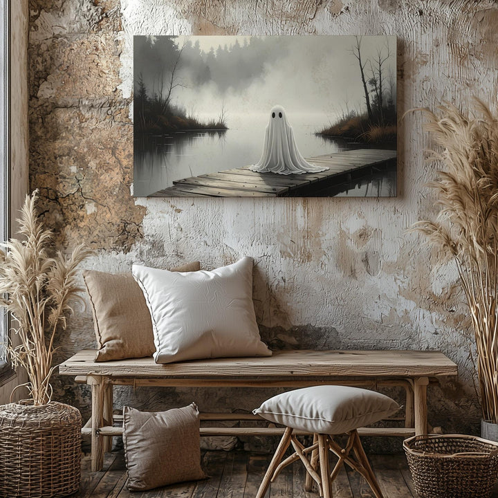 Dockside Ghost Canvas – Melancholic Spirit by the Lake in Foggy Forest - Gifitto