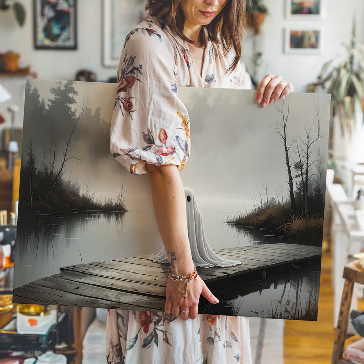 Dockside Ghost Canvas – Melancholic Spirit by the Lake in Foggy Forest - Gifitto