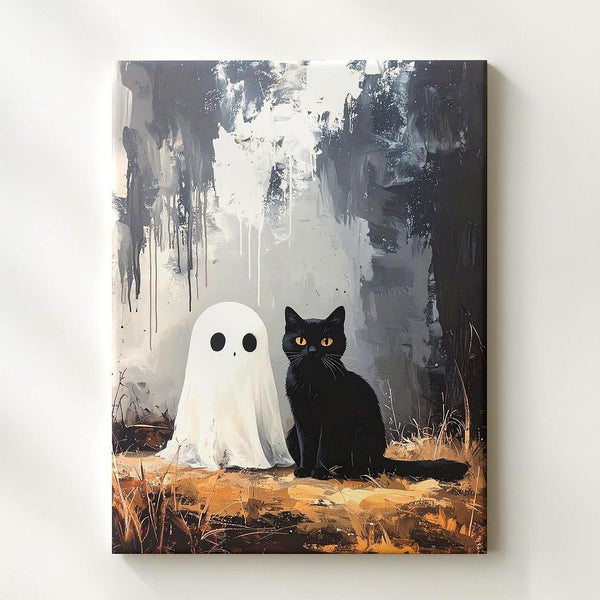 Abstract Ghost & Cat Canvas – Supernatural Companionship in Minimalist Style - Gifitto
