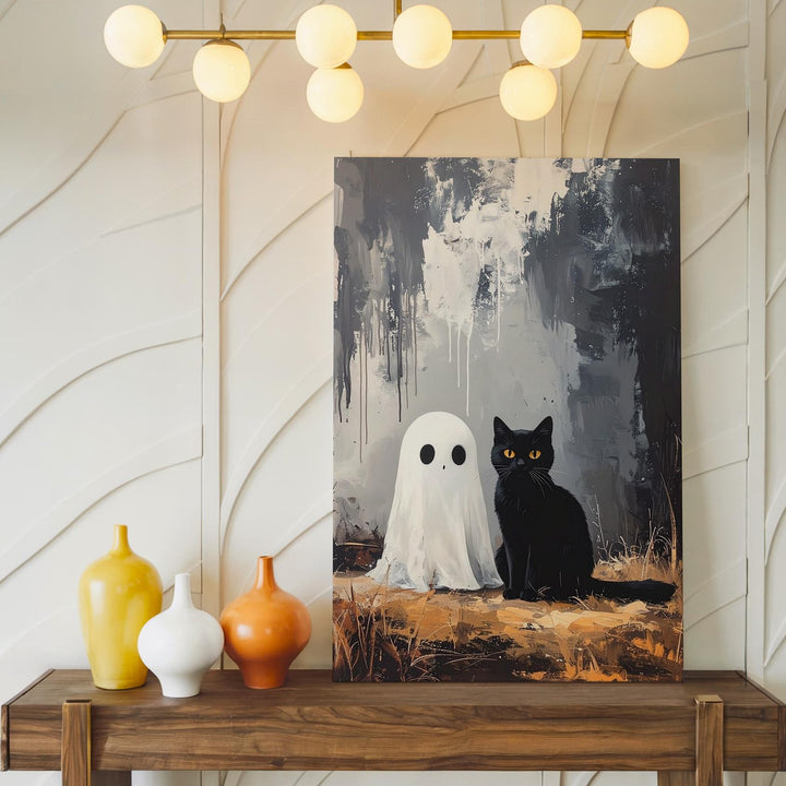 Abstract Ghost & Cat Canvas – Supernatural Companionship in Minimalist Style - Gifitto