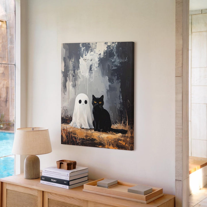 Abstract Ghost & Cat Canvas – Supernatural Companionship in Minimalist Style - Gifitto